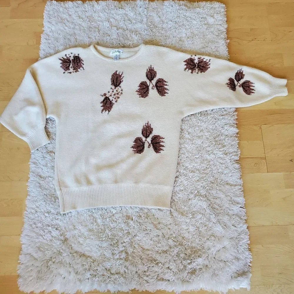 VINTAGE Destiny Women's  Lambswool &‎ Angora Sweater Fall Leaf Embroidered Sz M
